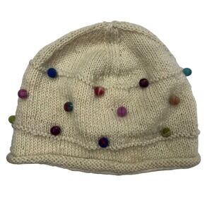 Windhorse Wool Beanie Nepal Fleece Lined Cream Multicolor Pom Pom Knit Hat